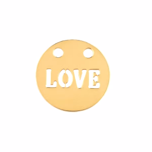 Collana cordino intrecciato poliestere creato a mano e dettaglio medaglietta “me”, al centro è inserito un charm tondino piatto scritta “love” in oro.